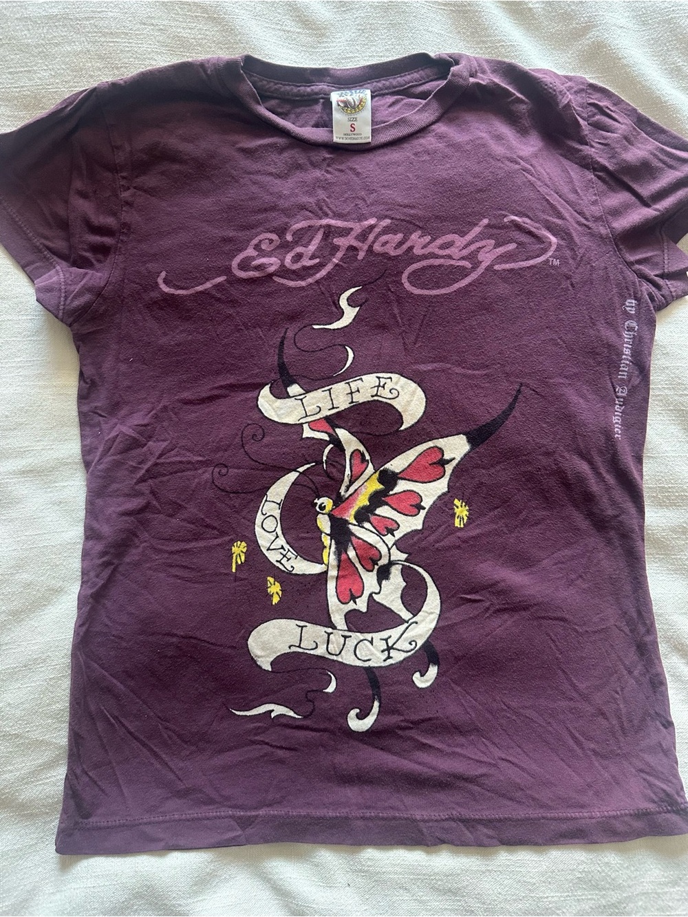Ed Hardy Life Love Luck Butterfly Graphic Tee Purple Small